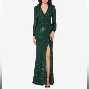 Xscape long sequin gown with slit in size 18. In dark green. Only worn once!!
